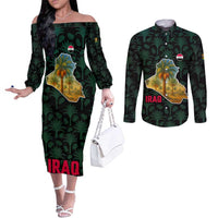 Iraq Couples Matching Off The Shoulder Long Sleeve Dress and Long Sleeve Button Shirt with Palm Tree Landscape and Map Silhouette Design - Wonder Print Shop