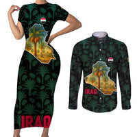 Iraq Couples Matching Short Sleeve Bodycon Dress and Long Sleeve Button Shirt with Palm Tree Landscape and Map Silhouette Design - Wonder Print Shop