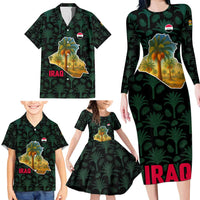 Iraq Family Matching Long Sleeve Bodycon Dress and Hawaiian Shirt with Palm Tree Landscape and Map Silhouette Design - Wonder Print Shop