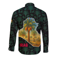 Iraq Long Sleeve Button Shirt with Palm Tree Landscape and Map Silhouette Design - Wonder Print Shop