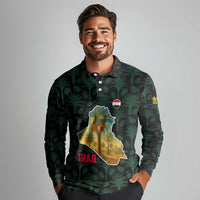 Iraq Long Sleeve Polo Shirt with Palm Tree Landscape and Map Silhouette Design - Wonder Print Shop