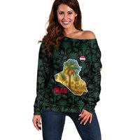 Iraq Off Shoulder Sweater with Palm Tree Landscape and Map Silhouette Design - Wonder Print Shop