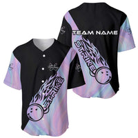 Bowling Strike Graphic Baseball Jersey Custom Flaming Ball and Pastel Gradient Swirl Pattern Design - Wonder Print Shop