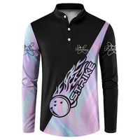 Bowling Strike Graphic Button Sweatshirt Custom Flaming Ball and Pastel Gradient Swirl Pattern Design - Wonder Print Shop