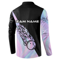 Bowling Strike Graphic Button Sweatshirt Custom Flaming Ball and Pastel Gradient Swirl Pattern Design - Wonder Print Shop