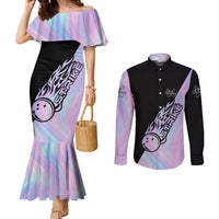 Bowling Strike Graphic Couples Matching Mermaid Dress and Long Sleeve Button Shirt Custom Flaming Ball and Pastel Gradient Swirl Pattern Design - Wonder Print Shop
