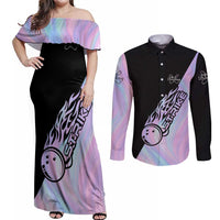 Bowling Strike Graphic Couples Matching Off Shoulder Maxi Dress and Long Sleeve Button Shirt Custom Flaming Ball and Pastel Gradient Swirl Pattern Design - Wonder Print Shop