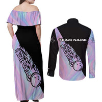 Bowling Strike Graphic Couples Matching Off Shoulder Maxi Dress and Long Sleeve Button Shirt Custom Flaming Ball and Pastel Gradient Swirl Pattern Design - Wonder Print Shop