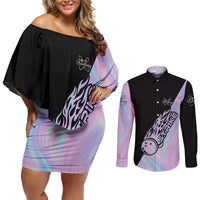 Bowling Strike Graphic Couples Matching Off Shoulder Short Dress and Long Sleeve Button Shirt Custom Flaming Ball and Pastel Gradient Swirl Pattern Design - Wonder Print Shop