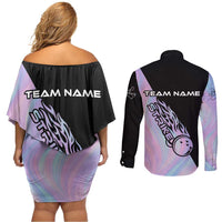 Bowling Strike Graphic Couples Matching Off Shoulder Short Dress and Long Sleeve Button Shirt Custom Flaming Ball and Pastel Gradient Swirl Pattern Design - Wonder Print Shop