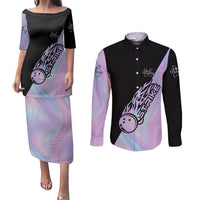 Bowling Strike Graphic Couples Matching Puletasi and Long Sleeve Button Shirt Custom Flaming Ball and Pastel Gradient Swirl Pattern Design - Wonder Print Shop