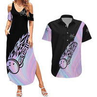 Bowling Strike Graphic Couples Matching Summer Maxi Dress and Hawaiian Shirt Custom Flaming Ball and Pastel Gradient Swirl Pattern Design - Wonder Print Shop