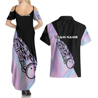 Bowling Strike Graphic Couples Matching Summer Maxi Dress and Hawaiian Shirt Custom Flaming Ball and Pastel Gradient Swirl Pattern Design - Wonder Print Shop