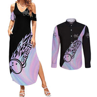 Bowling Strike Graphic Couples Matching Summer Maxi Dress and Long Sleeve Button Shirt Custom Flaming Ball and Pastel Gradient Swirl Pattern Design - Wonder Print Shop