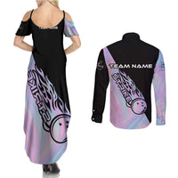 Bowling Strike Graphic Couples Matching Summer Maxi Dress and Long Sleeve Button Shirt Custom Flaming Ball and Pastel Gradient Swirl Pattern Design - Wonder Print Shop