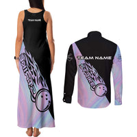 Bowling Strike Graphic Couples Matching Tank Maxi Dress and Long Sleeve Button Shirt Custom Flaming Ball and Pastel Gradient Swirl Pattern Design - Wonder Print Shop