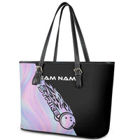 Bowling Strike Graphic Leather Tote Bag Custom Flaming Ball and Pastel Gradient Swirl Pattern Design - Wonder Print Shop