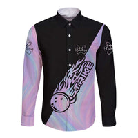 Bowling Strike Graphic Long Sleeve Button Shirt Custom Flaming Ball and Pastel Gradient Swirl Pattern Design - Wonder Print Shop