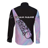Bowling Strike Graphic Long Sleeve Button Shirt Custom Flaming Ball and Pastel Gradient Swirl Pattern Design - Wonder Print Shop