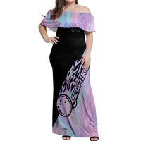 Bowling Strike Graphic Off Shoulder Maxi Dress Custom Flaming Ball and Pastel Gradient Swirl Pattern Design - Wonder Print Shop