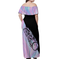 Bowling Strike Graphic Off Shoulder Maxi Dress Custom Flaming Ball and Pastel Gradient Swirl Pattern Design - Wonder Print Shop