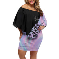 Bowling Strike Graphic Off Shoulder Short Dress Custom Flaming Ball and Pastel Gradient Swirl Pattern Design - Wonder Print Shop