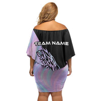 Bowling Strike Graphic Off Shoulder Short Dress Custom Flaming Ball and Pastel Gradient Swirl Pattern Design - Wonder Print Shop