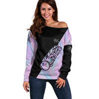 Bowling Strike Graphic Off Shoulder Sweater Custom Flaming Ball and Pastel Gradient Swirl Pattern Design - Wonder Print Shop