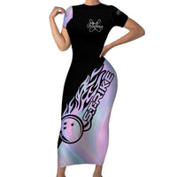 Bowling Strike Graphic Short Sleeve Bodycon Dress Custom Flaming Ball and Pastel Gradient Swirl Pattern Design - Wonder Print Shop