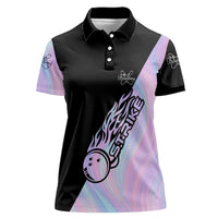 Bowling Strike Graphic Women Polo Shirt Custom Flaming Ball and Pastel Gradient Swirl Pattern Design - Wonder Print Shop