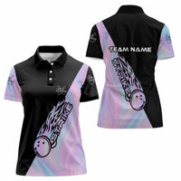 Bowling Strike Graphic Women Polo Shirt Custom Flaming Ball and Pastel Gradient Swirl Pattern Design - Wonder Print Shop