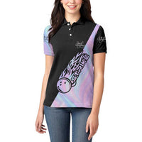 Bowling Strike Graphic Women Polo Shirt Custom Flaming Ball and Pastel Gradient Swirl Pattern Design - Wonder Print Shop