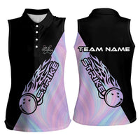 Bowling Strike Graphic Women Sleeveless Polo Shirt Custom Flaming Ball and Pastel Gradient Swirl Pattern Design - Wonder Print Shop