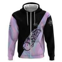 Bowling Strike Graphic Zip Hoodie Custom Flaming Ball and Pastel Gradient Swirl Pattern Design - Wonder Print Shop