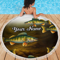 Walleye Fishing Yellow Scales Customize Name Beach Blanket Dark Gradient Water Background - Wonder Print Shop