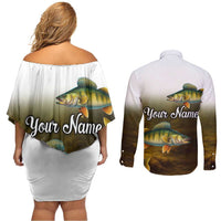 Walleye Fishing Yellow Scales Customize Name Couples Matching Off Shoulder Short Dress and Long Sleeve Button Shirt Dark Gradient Water Background - Wonder Print Shop