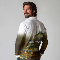 Walleye Fishing Yellow Scales Customize Name Long Sleeve Polo Shirt Dark Gradient Water Background - Wonder Print Shop