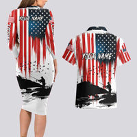Custom Flag American Fishing Couples Matching Long Sleeve Bodycon Dress and Hawaiian Shirt Fish Silhouette in Grunge Patriotic - Wonder Print Shop