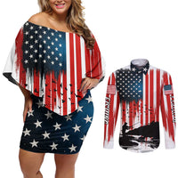 Custom Flag American Fishing Couples Matching Off Shoulder Short Dress and Long Sleeve Button Shirt Fish Silhouette in Grunge Patriotic - Wonder Print Shop