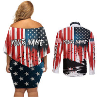 Custom Flag American Fishing Couples Matching Off Shoulder Short Dress and Long Sleeve Button Shirt Fish Silhouette in Grunge Patriotic - Wonder Print Shop