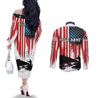 Custom Flag American Fishing Couples Matching Off The Shoulder Long Sleeve Dress and Long Sleeve Button Shirt Fish Silhouette in Grunge Patriotic - Wonder Print Shop