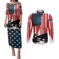 Custom Flag American Fishing Couples Matching Puletasi and Long Sleeve Button Shirt Fish Silhouette in Grunge Patriotic - Wonder Print Shop