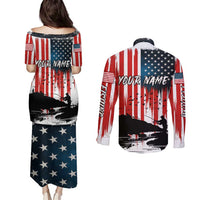 Custom Flag American Fishing Couples Matching Puletasi and Long Sleeve Button Shirt Fish Silhouette in Grunge Patriotic - Wonder Print Shop