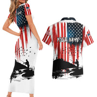Custom Flag American Fishing Couples Matching Short Sleeve Bodycon Dress and Hawaiian Shirt Fish Silhouette in Grunge Patriotic - Wonder Print Shop