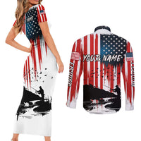 Custom Flag American Fishing Couples Matching Short Sleeve Bodycon Dress and Long Sleeve Button Shirt Fish Silhouette in Grunge Patriotic - Wonder Print Shop