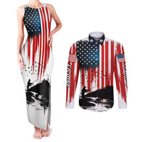 Custom Flag American Fishing Couples Matching Tank Maxi Dress and Long Sleeve Button Shirt Fish Silhouette in Grunge Patriotic - Wonder Print Shop