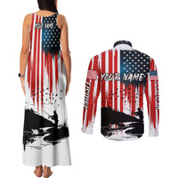 Custom Flag American Fishing Couples Matching Tank Maxi Dress and Long Sleeve Button Shirt Fish Silhouette in Grunge Patriotic - Wonder Print Shop
