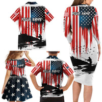 Custom Flag American Fishing Family Matching Long Sleeve Bodycon Dress and Hawaiian Shirt Fish Silhouette in Grunge Patriotic - Wonder Print Shop