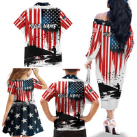 Custom Flag American Fishing Family Matching Off The Shoulder Long Sleeve Dress and Hawaiian Shirt Fish Silhouette in Grunge Patriotic - Wonder Print Shop