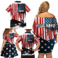 Custom Flag American Fishing Family Matching Off Shoulder Short Dress and Hawaiian Shirt Fish Silhouette in Grunge Patriotic - Wonder Print Shop